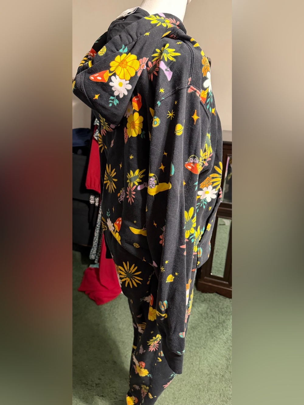 Nike Black Hoodie & Joggers Set with Yellow and Pink Floral Space Print - Picture 2 of 5